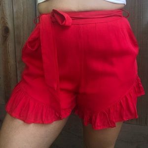 Ruffle Bottom Tie High Waisted Shorts - Red